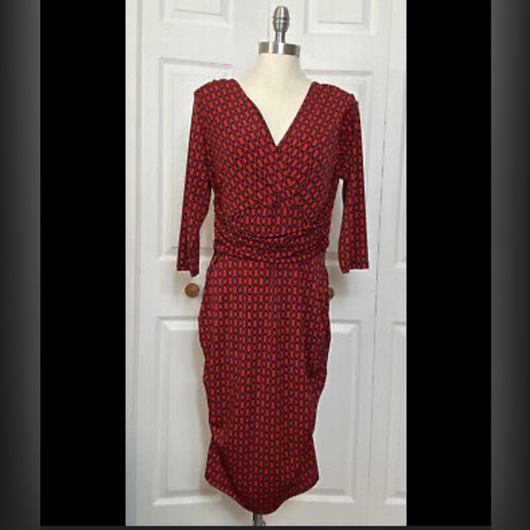 5 for $25! NWT Miss Tina V Neck RUCHED Red and Black Dress Size Large 12/14 - Picture 1 of 11